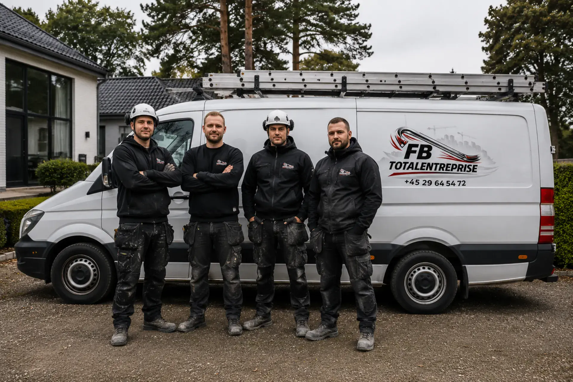Håndværkere fra FB Totalentreprise ApS står foran en servicevogn, klar til at udføre professionelle.