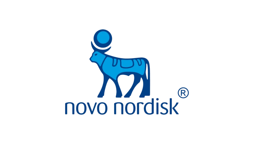 Logo af Novo Nordisk med blå elefant og navn, fokus på sundhed og medicinsk innovation.